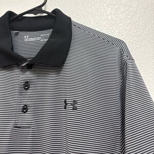 Under Armour HeatGear Mens Lg Polo Loose Fit Black Gray Stripe Moisture Wicking